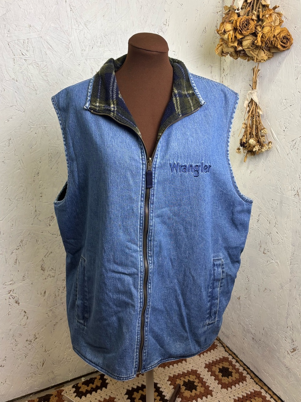 Vintage Wrangler Distressed Reversible Flannel Denim Zip Up Vest XXL